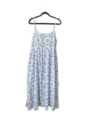 Japna Blue White Tropical Palm Floral Block Print Maxi Dress XL Boho